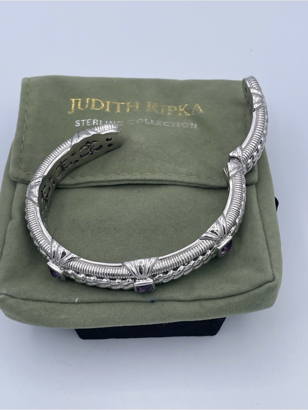 Judith Ripka 925 Sterling Silver Amethyst Cuff Bracelet Thailand Heavy 48.6g - Picture 9 of 11